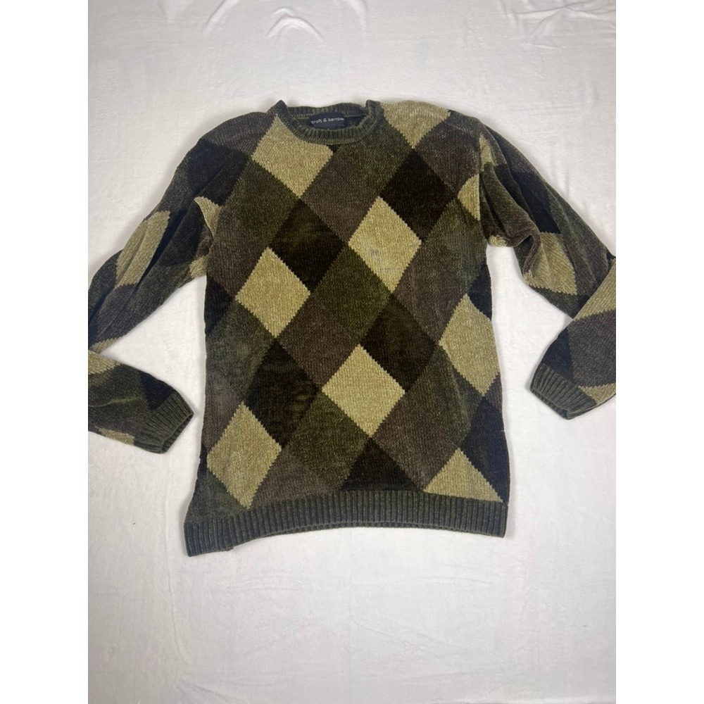 Croft & Barrow Sweater Sm Green Argyle Chenille Knit Crewneck Preppy Grandpa